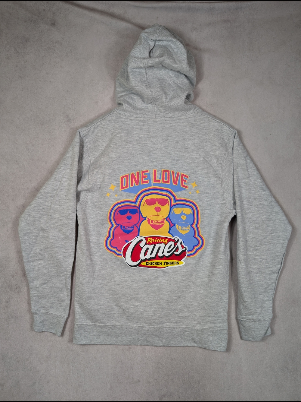 Raising Canes Hoodie Mens Size Small Gray One Love Dogs Fleece Sweater